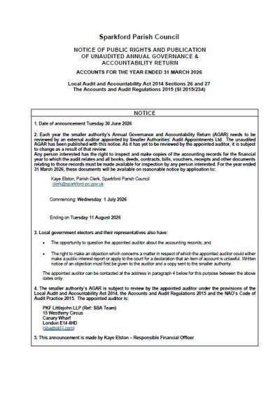 Notice of public and publication of unaudited annual governance and accountability return